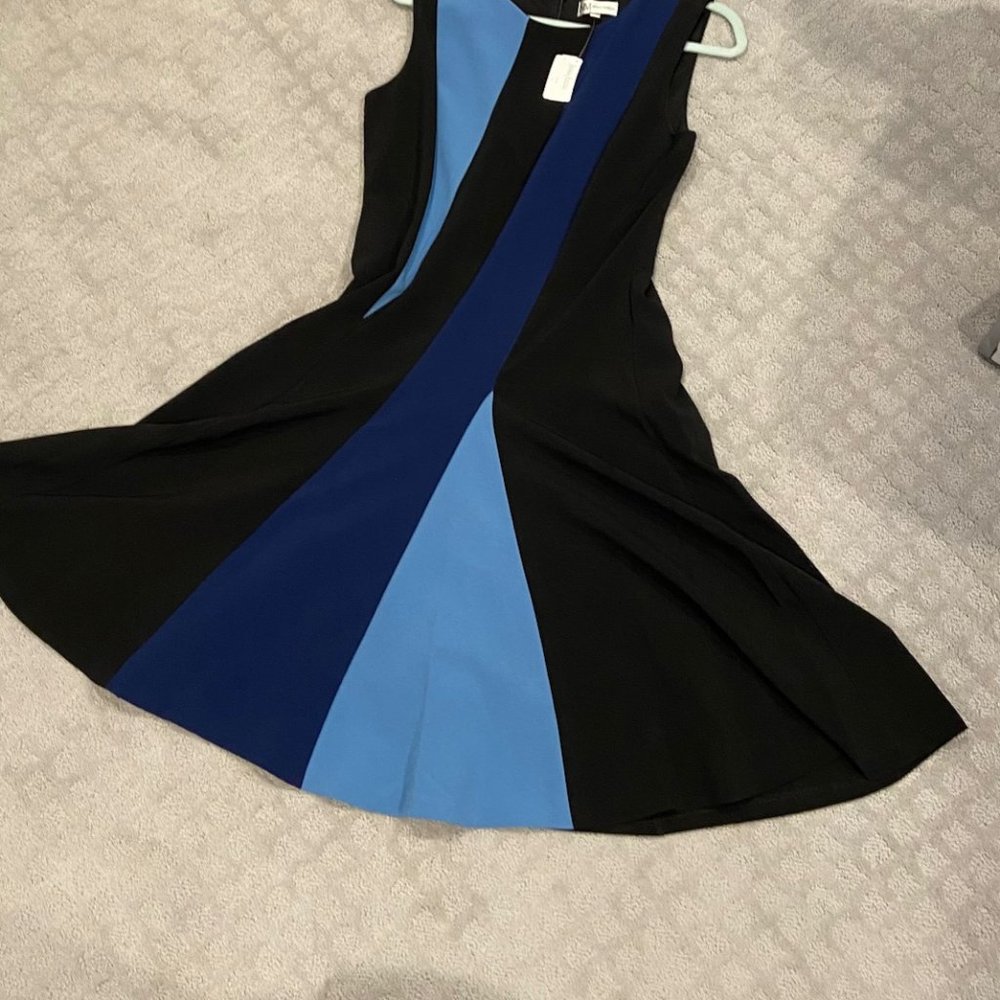 NWT Stunning Neiman Marcus Black flare dress with blue accent vertical stripes